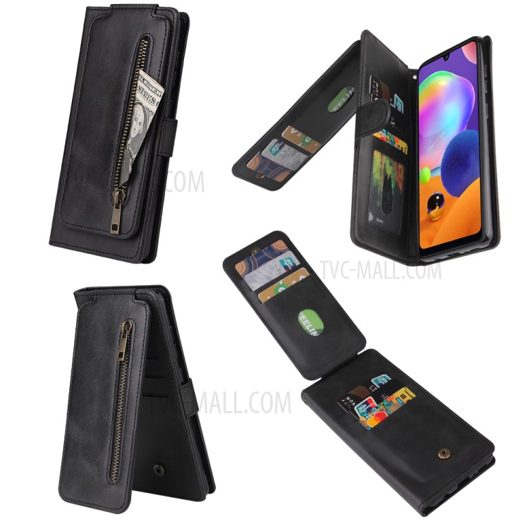 Leather Wallet Zipper Pocket 9 Card SlotsCase Cover for Samsung Galaxy A31 - Black-12