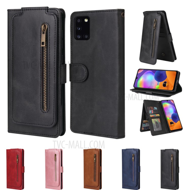 Leather Wallet Zipper Pocket 9 Card SlotsCase Cover for Samsung Galaxy A31 - Black-13