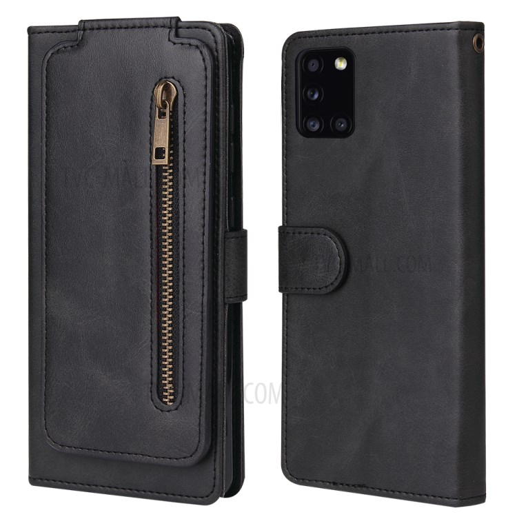 Leather Wallet Zipper Pocket 9 Card SlotsCase Cover for Samsung Galaxy A31 - Black-6