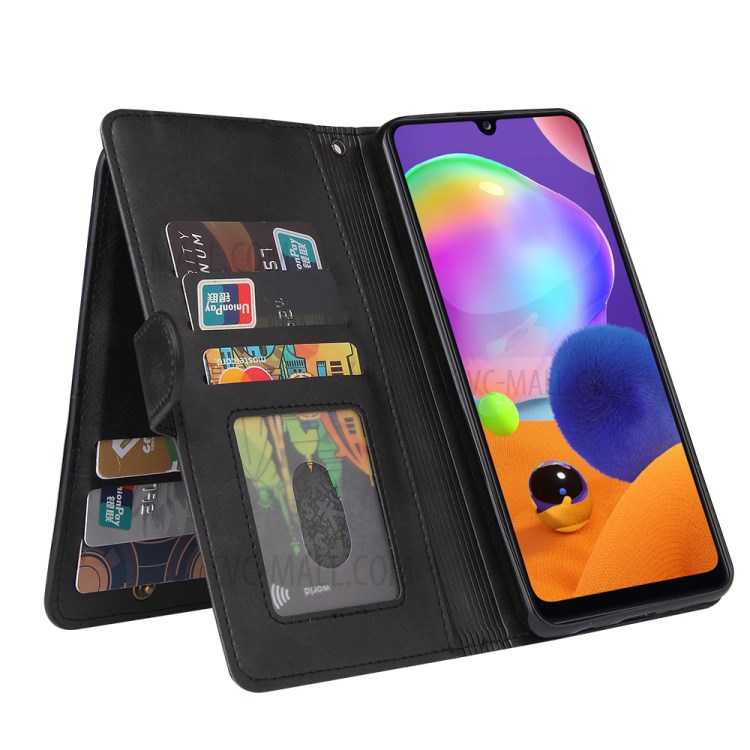 Leather Wallet Zipper Pocket 9 Card SlotsCase Cover for Samsung Galaxy A31 - Black-7