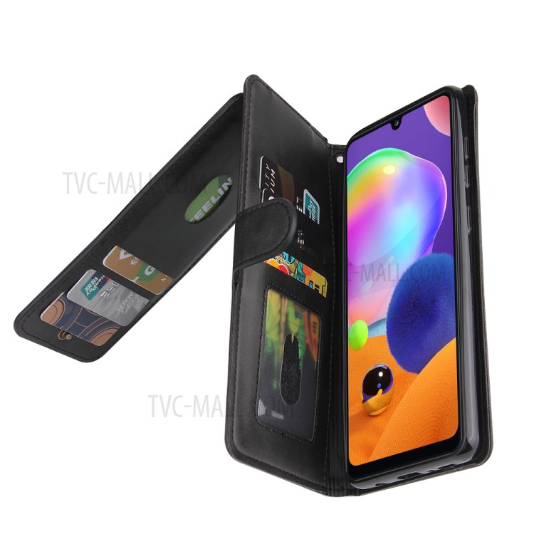 Leather Wallet Zipper Pocket 9 Card SlotsCase Cover for Samsung Galaxy A31 - Black-8