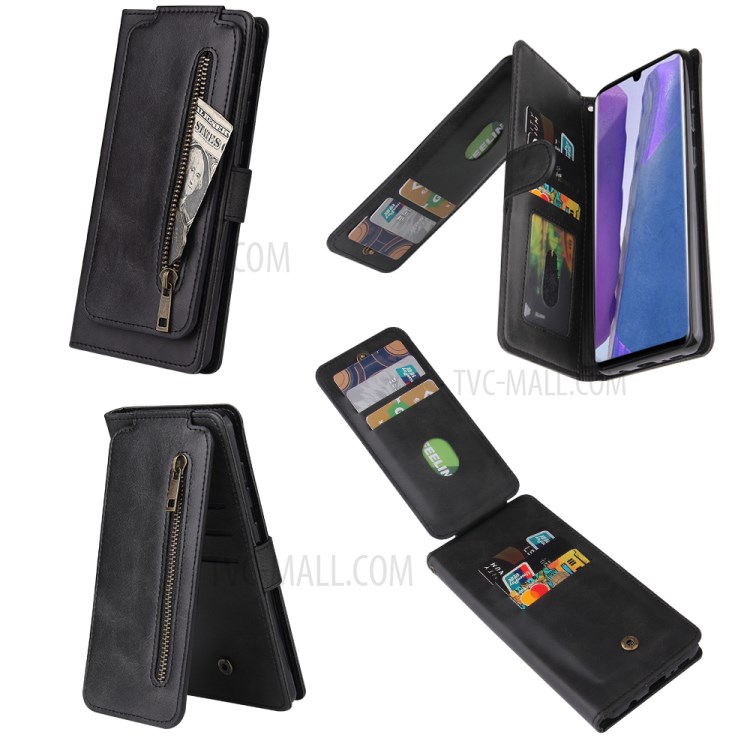 Zipper Pocket 9 Card Slots Leather Cover for	Samsung Galaxy Note 20/Note 20 5G - Black-11