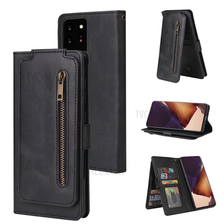 Zipper Pocket 9 Card Slots Leather Cover for Samsung Galaxy Note20 Ultra/Note20 Ultra 5G - Black-1