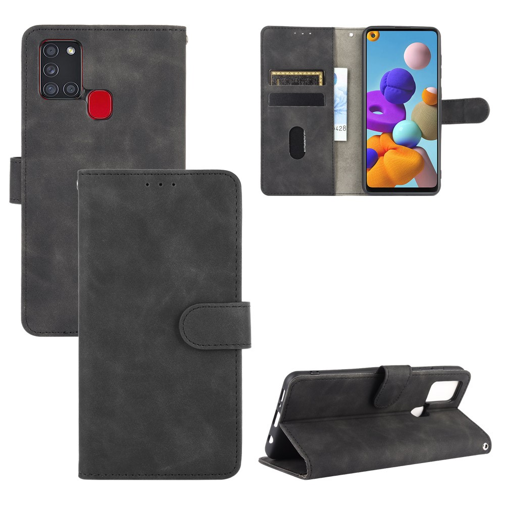 Skin-touch Wallet Stand Leather Flip Cover Case for Samsung Galaxy A21s - Black-1