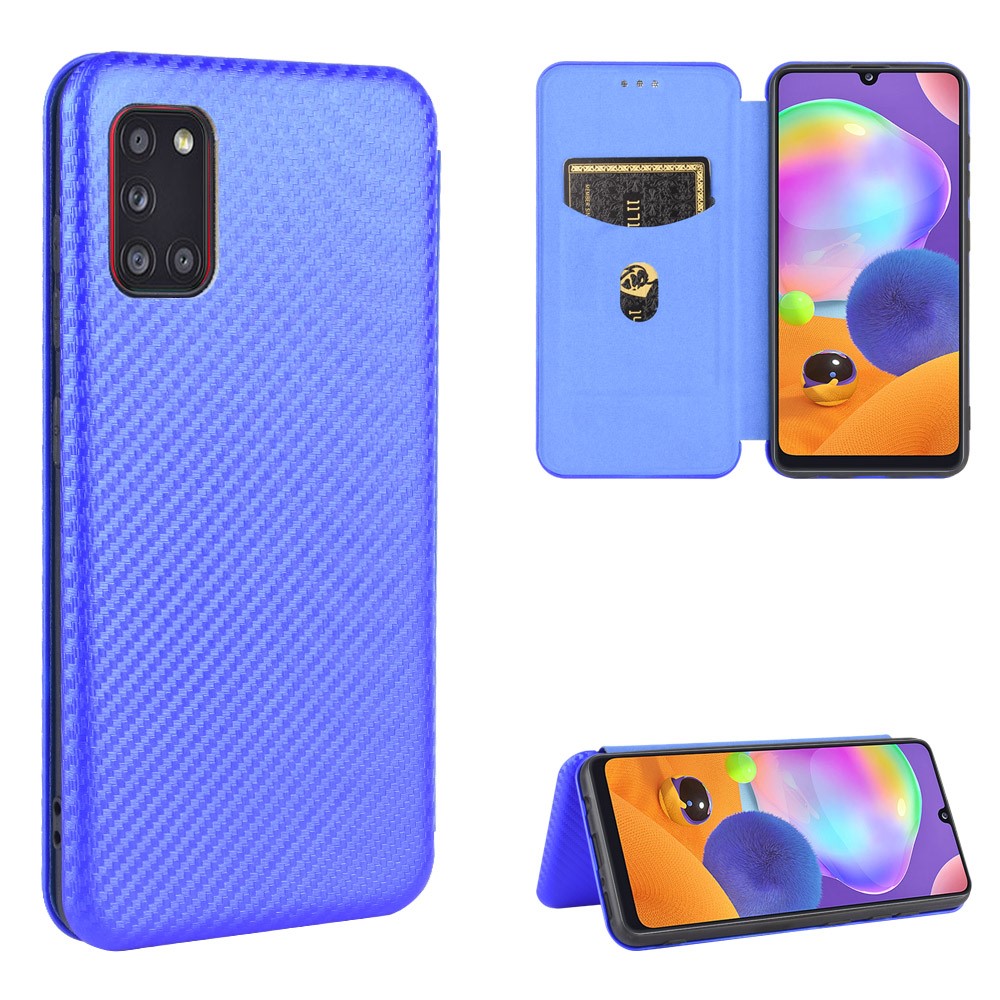 Carbon Fiber Skin Leather Auto-absorbed Shell for Samsung Galaxy A31 - Blue
