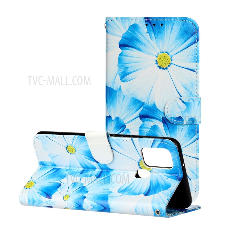 Pattern Printing Leather Wallet Case for Samsung Galaxy A21s - Blue Flower-2