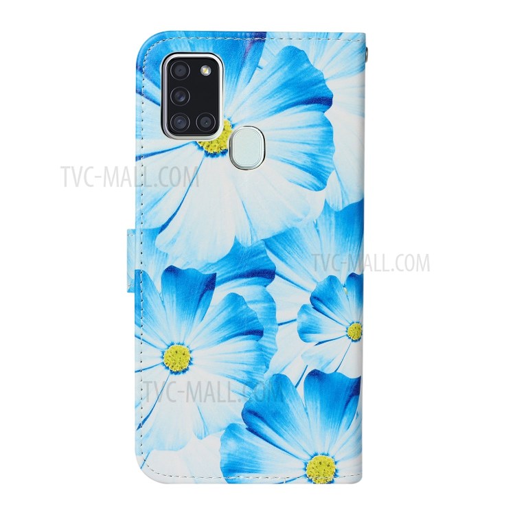 Pattern Printing Leather Wallet Case for Samsung Galaxy A21s - Blue Flower-4