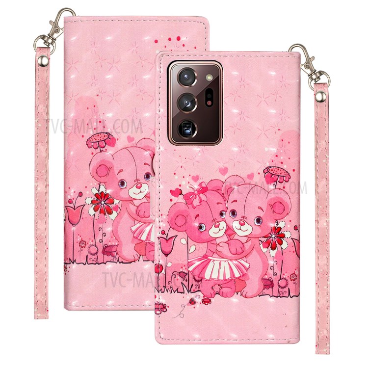 Light Spot Decor Patterned Magnetic Leather Stand Case for Samsung Galaxy Note20 Ultra/Note20 Ultra 5G - Bear and Flower-1