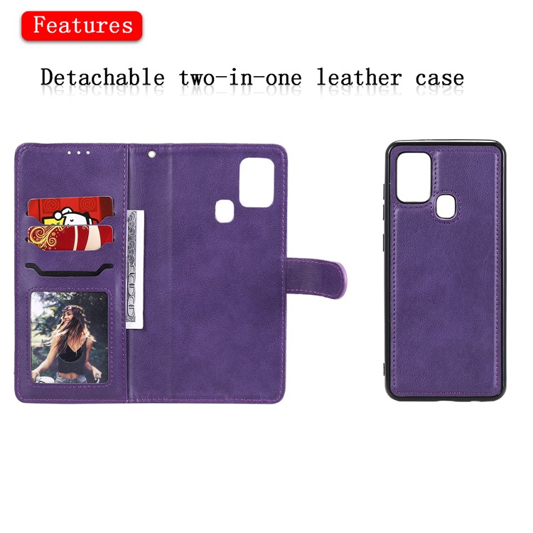 Pure Color KT Leather Series-3 Capas de Cuero 2-en-1 Desmontable Para Samsung Galaxy A21s - Violeta