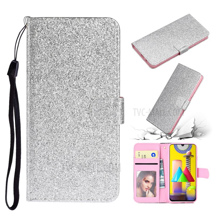 Flash Powder Leather Stand Case with Card Slots Shell for Samsung Galaxy A21s - Silver-1