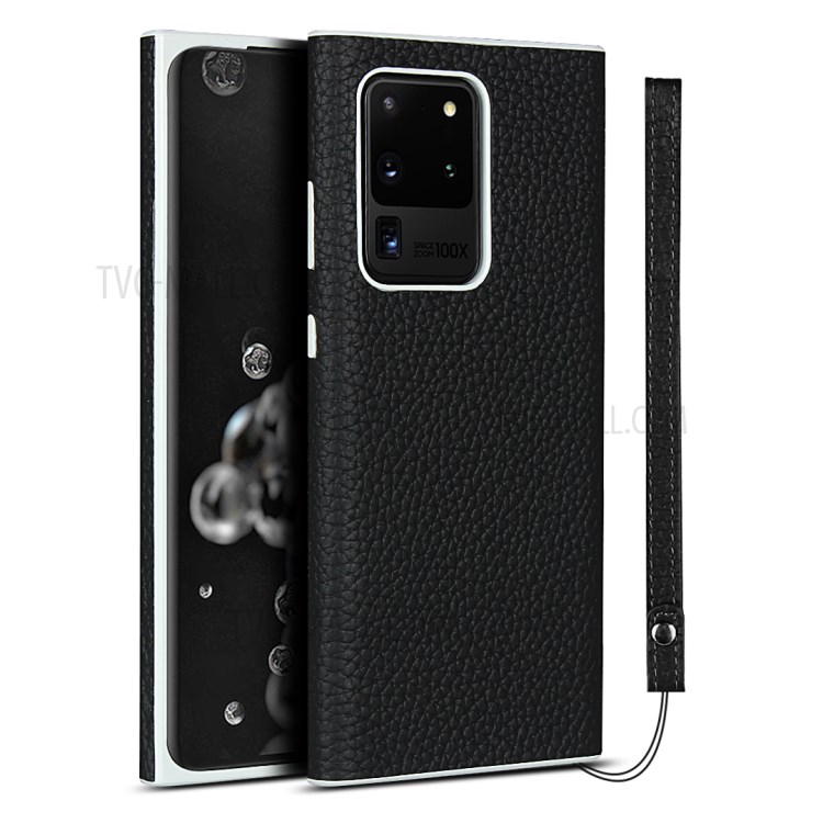 Litchi Skin Genuine Leather Coated TPU Phone Casing for Samsung Galaxy S20 Ultra - Black-1