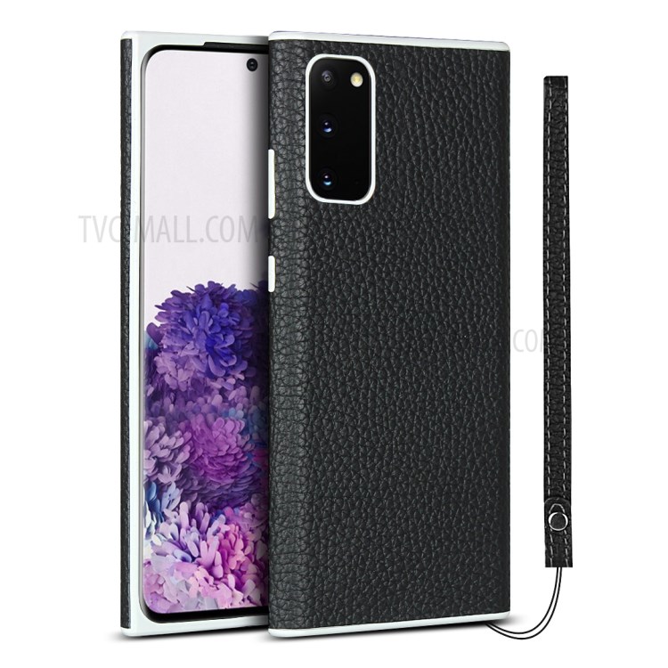 Litchi Skin Genuine Leather Coated TPU Phone Case for Samsung Galaxy S20 - Black-1