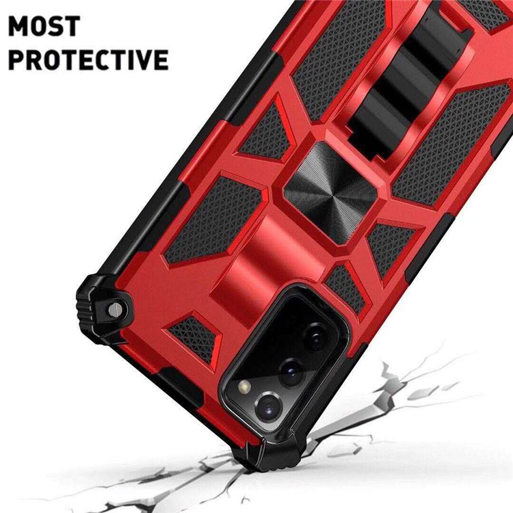 Kickstand Armor PC TPU Cover with Magnetic Metal Sheet for Samsung Galaxy Note 20/Note 20 5G - Red-3