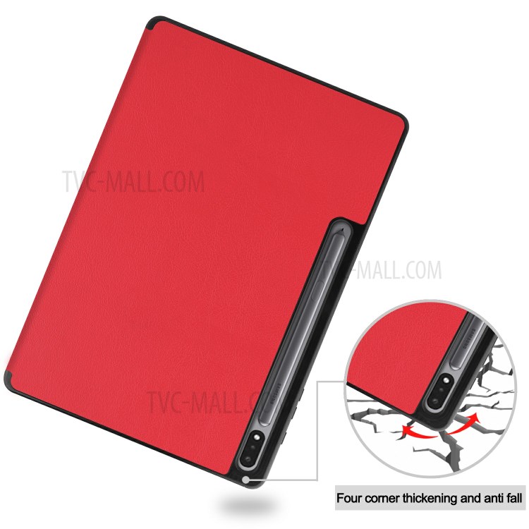 Tri-fold Stand Smart Leather Case with Pen Slot for Samsung Galaxy Tab S7 Plus 12.4 inch - Red-9