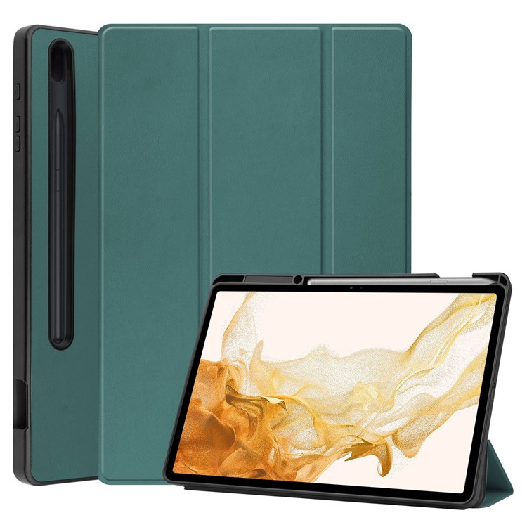 Tri-fold Stand Smart Leather Case with Pen Slot for Samsung Galaxy Tab S7 Plus 12.4 inch - Blackish Green-1