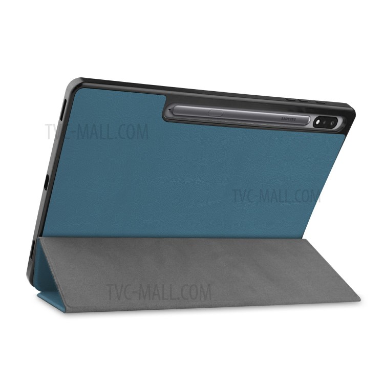 Tri-fold Stand Smart Leather Case with Pen Slot for Samsung Galaxy Tab S7 Plus 12.4 inch - Blackish Green-8