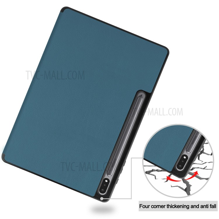 Tri-fold Stand Smart Leather Case with Pen Slot for Samsung Galaxy Tab S7 Plus 12.4 inch - Blackish Green-9