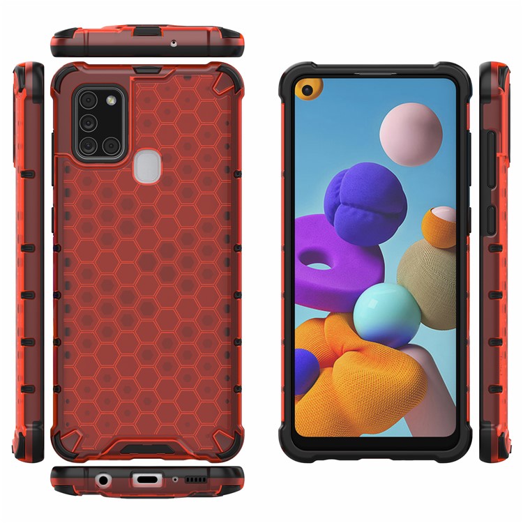 Honeycomb Pattern Shockproof TPU + PC Hybrid Cover for Samsung Galaxy A21s - Red-2