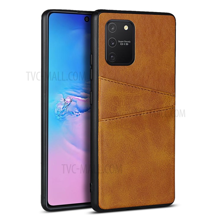 Dual Card Slots PU Leather Coated TPU Back Case for Samsung Galaxy A91/S10 Lite - Brown-1