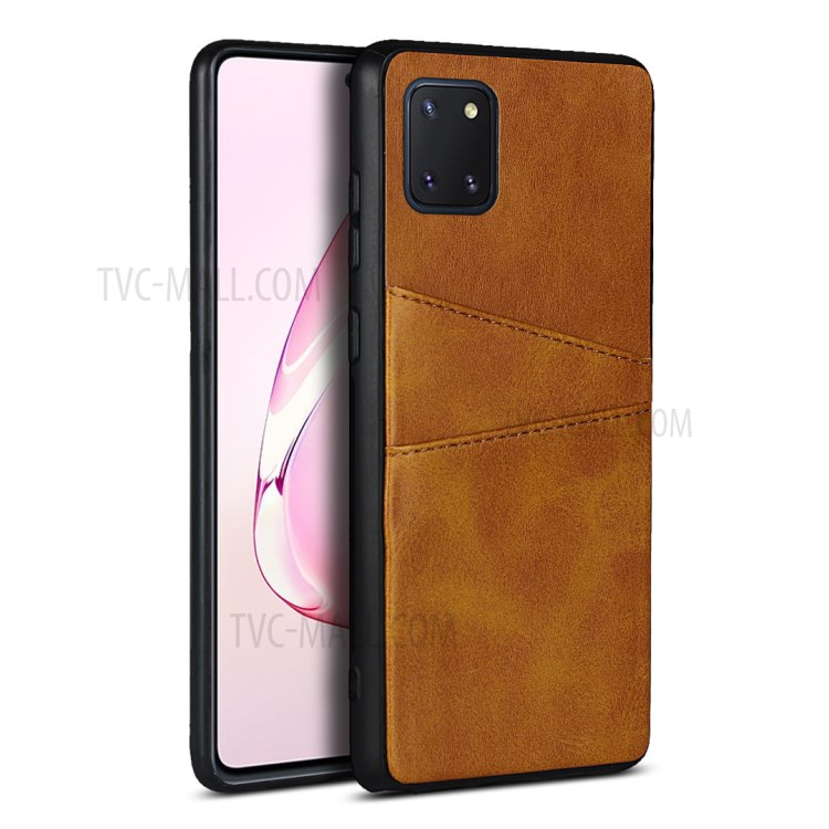 Dual Card Slots PU Leather Coated TPU Phone Case for Samsung Galaxy A81/Note 10 Lite - Brown-1