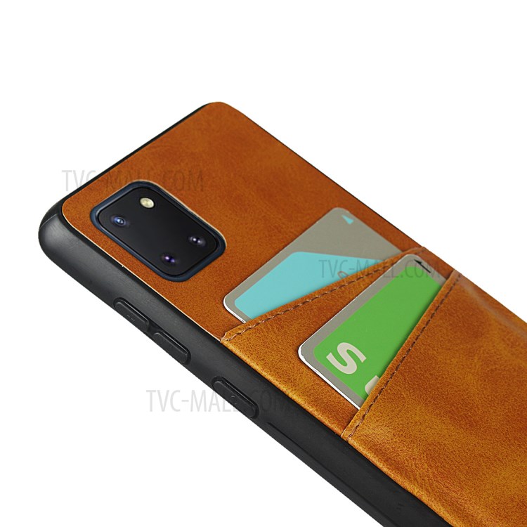 Dual Card Slots PU Leather Coated TPU Phone Case for Samsung Galaxy A81/Note 10 Lite - Brown-7