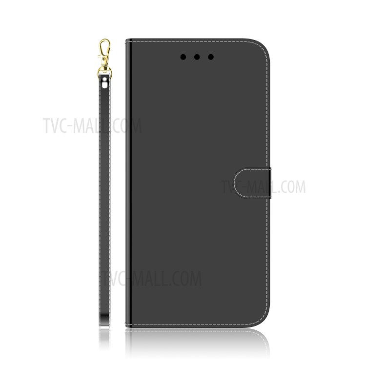 Mirror-like Skin Leather with Wallet Cover with Strap for Samsung Galaxy A21s - Black-2