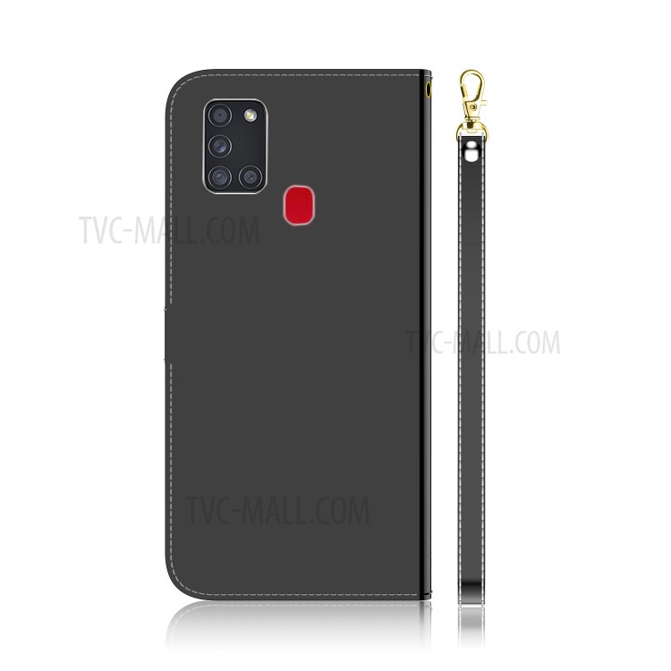 Mirror-like Skin Leather with Wallet Cover with Strap for Samsung Galaxy A21s - Black-3