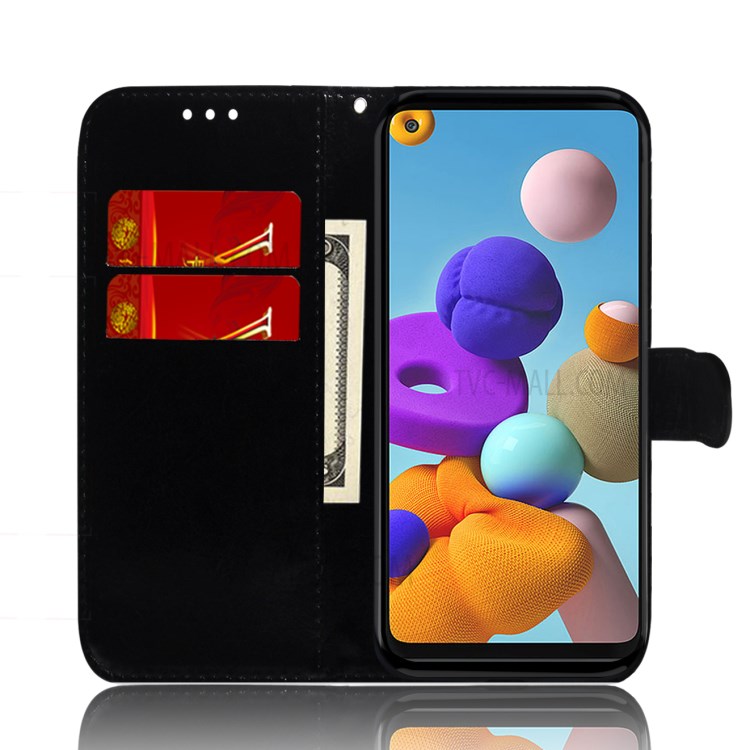 Mirror-like Skin Leather with Wallet Cover with Strap for Samsung Galaxy A21s  - Black-9