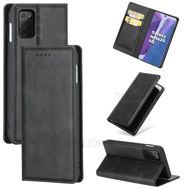 Auto-absorbed Leather Stand Shell with Card Slots for Samsung Galaxy Note 20/Note 20 5G - Black-1