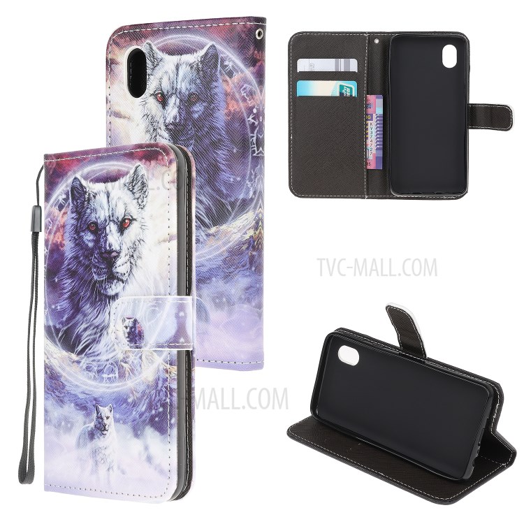 Pattern Printing Cross Texture Leather Wallet Case for Samsung Galaxy A01 Core - Wolf-1