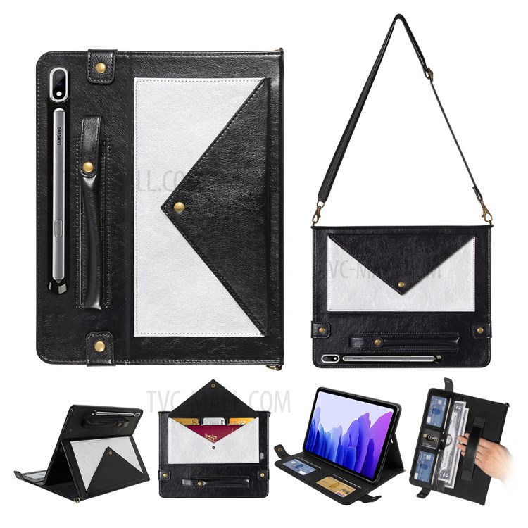 Color Splicing Envelop Style Wallet Leather Flip Case with Pen Pouch for Samsung Galaxy Tab S7 - Black/Silver-1