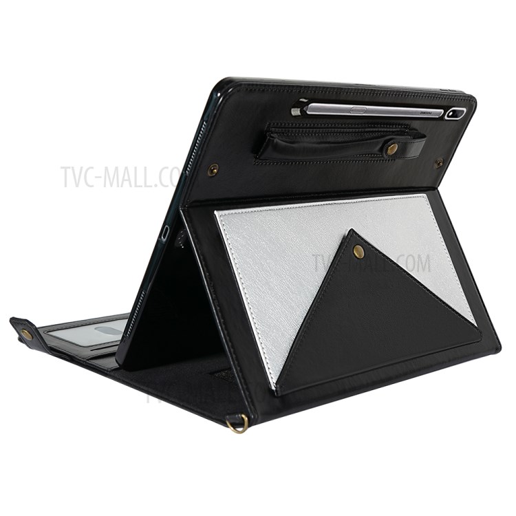 Color Splicing Envelop Style Wallet Leather Flip Case with Pen Pouch for Samsung Galaxy Tab S7 - Black/Silver-5