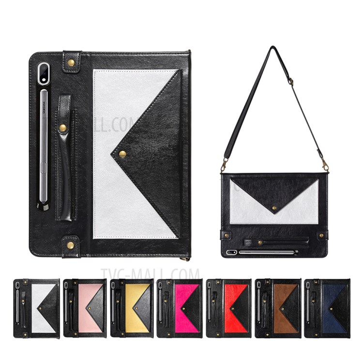 Color Splicing Envelop Style Wallet Leather Flip Case with Pen Pouch for Samsung Galaxy Tab S7 - Black/Silver-9