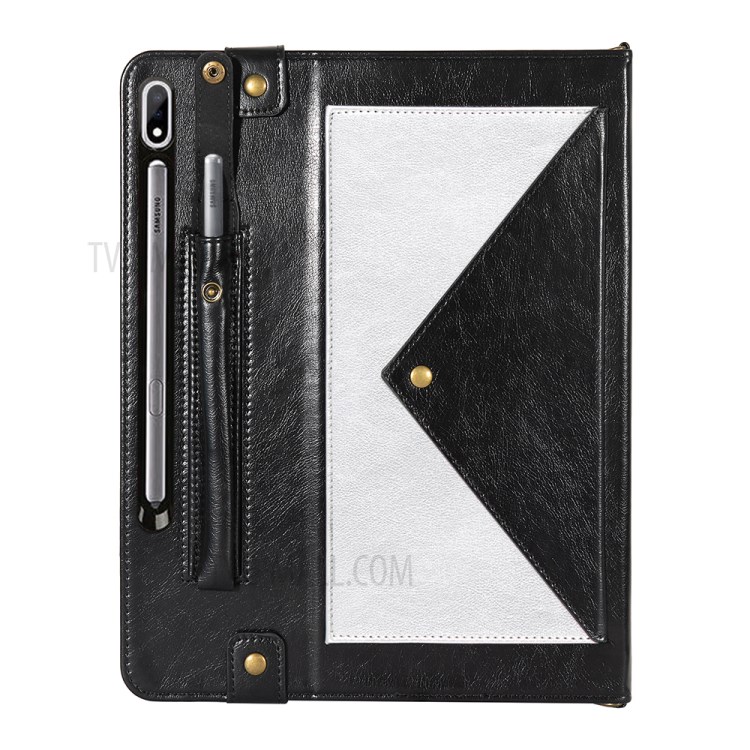 Color Splicing Envelop Style Wallet Leather Case with Pen Pouch for Samsung Galaxy Tab S7 Plus - Black/Silver-2