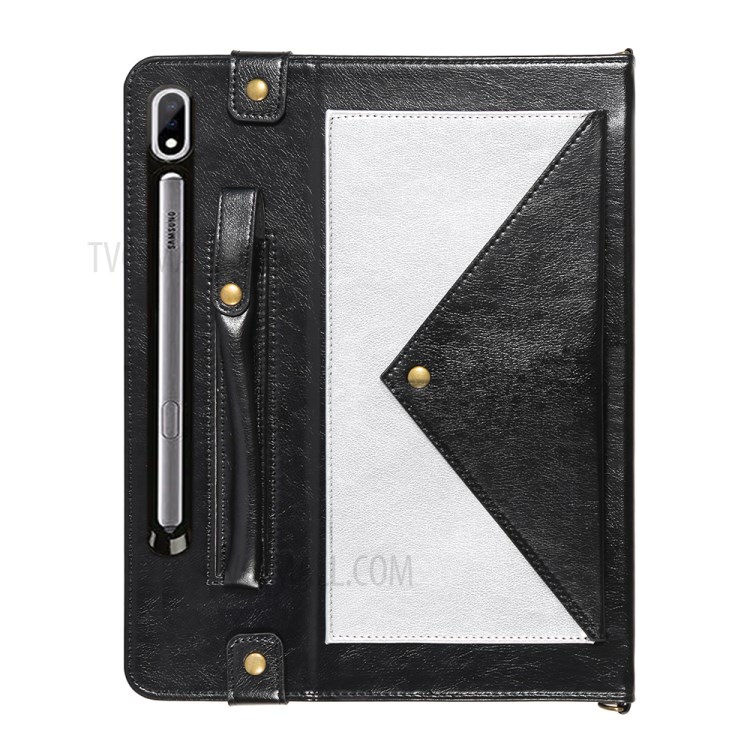 Color Splicing Envelop Style Wallet Leather Case with Pen Pouch for Samsung Galaxy Tab S7 Plus - Black/Silver-3