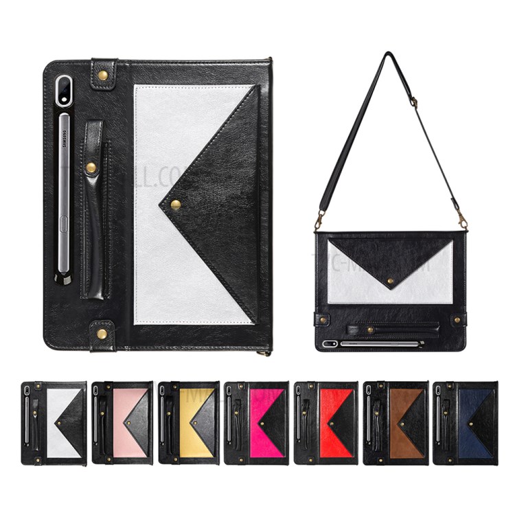 Color Splicing Envelop Style Wallet Leather Case with Pen Pouch for Samsung Galaxy Tab S7 Plus - Black/Silver-9
