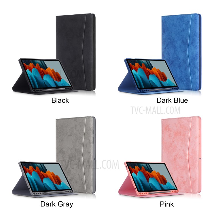 PU Leather Matte Tablet Cover with Pen Slot for Samsung Galaxy Tab S7 Plus - Black-14