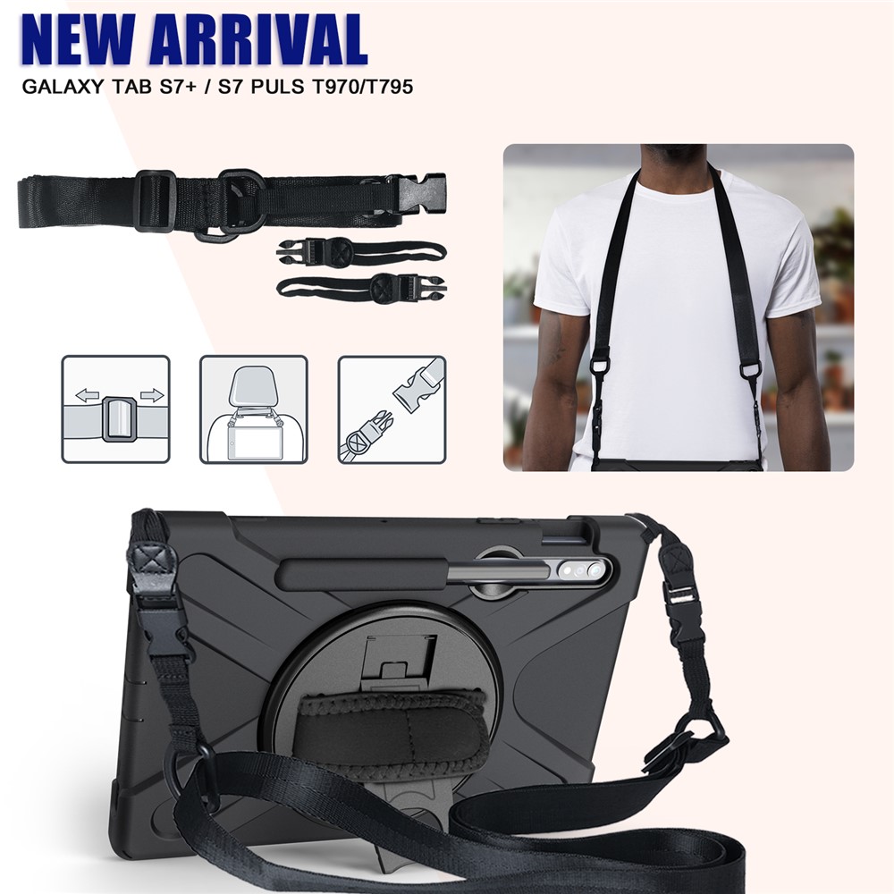 For Samsung Galaxy Tab S7 T870/T875 360° Swivel Kickstand Handy Strap PC + Silicone Combo Tablet Case with Shoulder Strap - Black-3