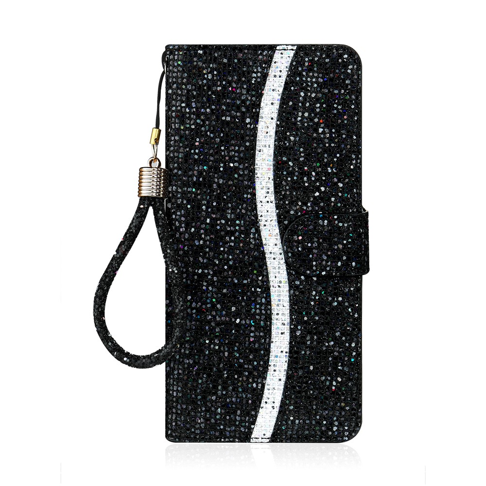 Glittery Powder Splicing Wallet Stand Leather Protective Case for Samsung Galaxy A21s - Black-1