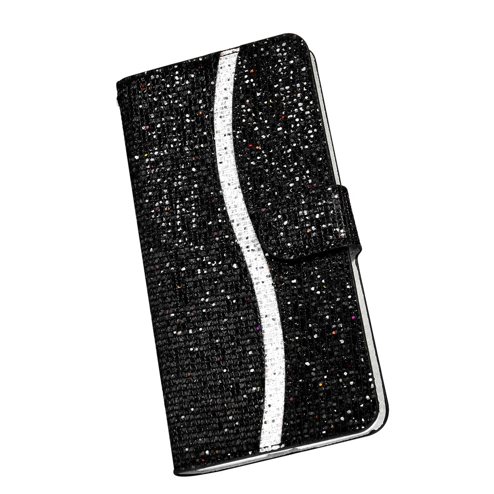 Glittery Powder Splicing Wallet Stand Leather Protective Case for Samsung Galaxy A21s - Black-5