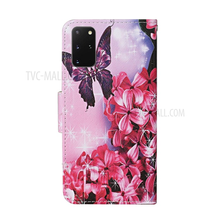 Leather Stand Phone Cover Wallet Pattern Printing Case for Samsung Galaxy S20 Plus - Red Flower and Butterfly-2