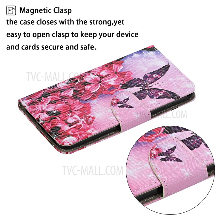 Leather Stand Phone Cover Wallet Pattern Printing Case for Samsung Galaxy S20 Plus - Red Flower and Butterfly-3