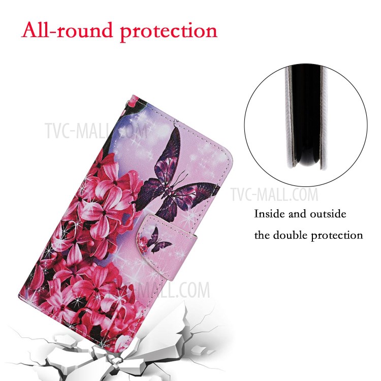 Leather Stand Phone Cover Wallet Pattern Printing Case for Samsung Galaxy S20 Plus - Red Flower and Butterfly-4