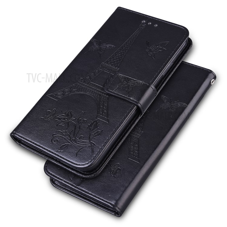 Imprint Eiffel Tower Butterfly PU Leather Wallet Case for Samsung Galaxy A21s - Black-1