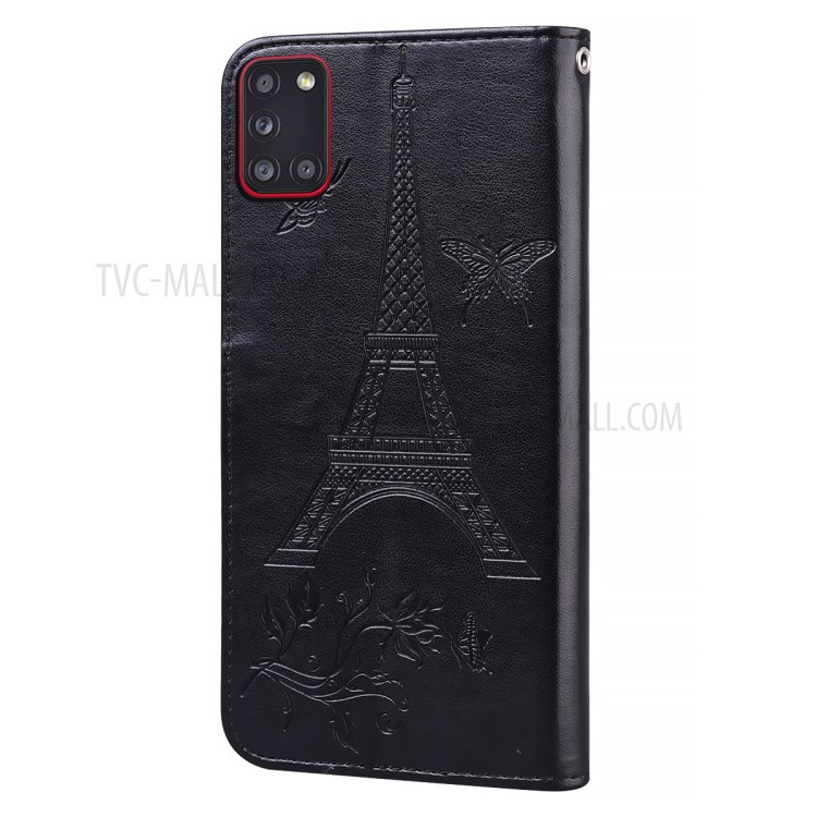 Imprint Eiffel Tower Butterfly Leather Wallet Case for Samsung Galaxy A31 - Black-3