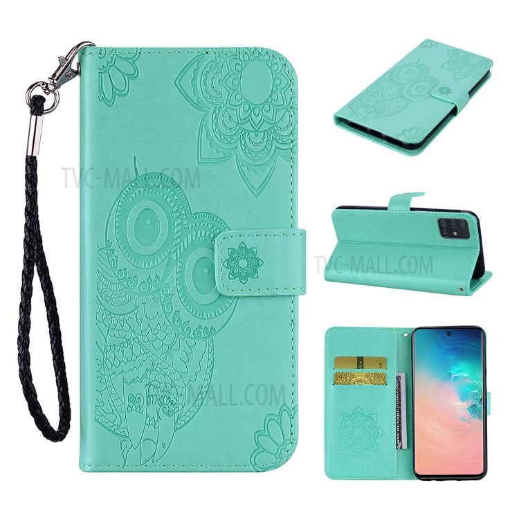 Imprint Owl Flower Leather Wallet Stand Shell for Samsung Galaxy A51 5G SM-A516 - Cyan-1