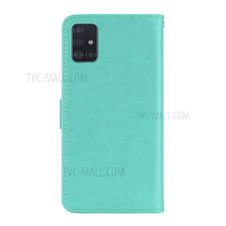 Imprint Owl Flower Leather Wallet Stand Shell for Samsung Galaxy A51 5G SM-A516 - Cyan-4