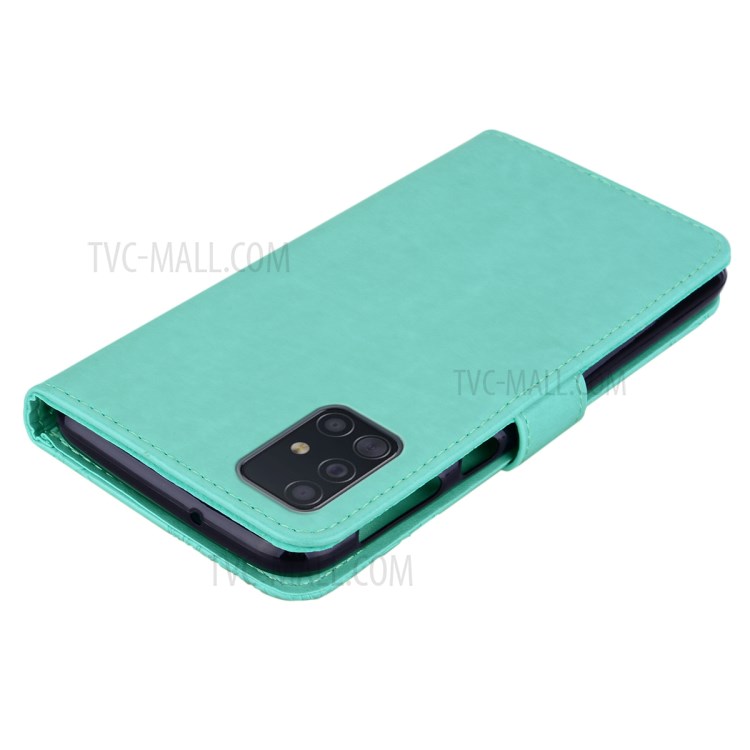 Imprint Owl Flower Leather Wallet Stand Shell for Samsung Galaxy A51 5G SM-A516 - Cyan-5