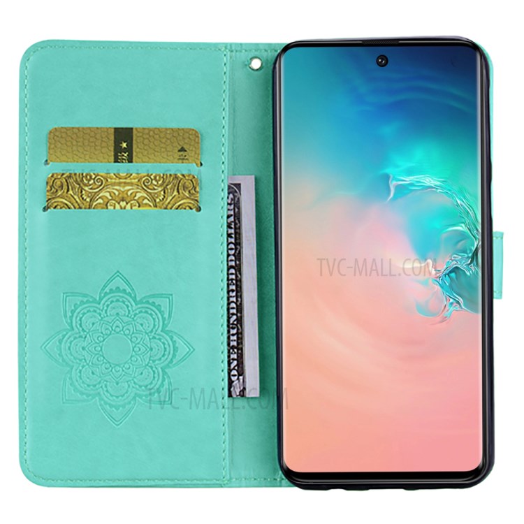 Imprint Owl Flower Leather Wallet Stand Shell for Samsung Galaxy A51 5G SM-A516 - Cyan-7