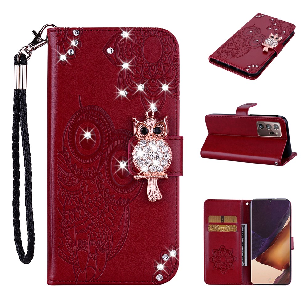 Rhinestone Decor Imprint Owl Flower Leather Wallet Stand Shell for Samsung Galaxy Note20 Ultra 5G / Galaxy Note20 Ultra - Red-1